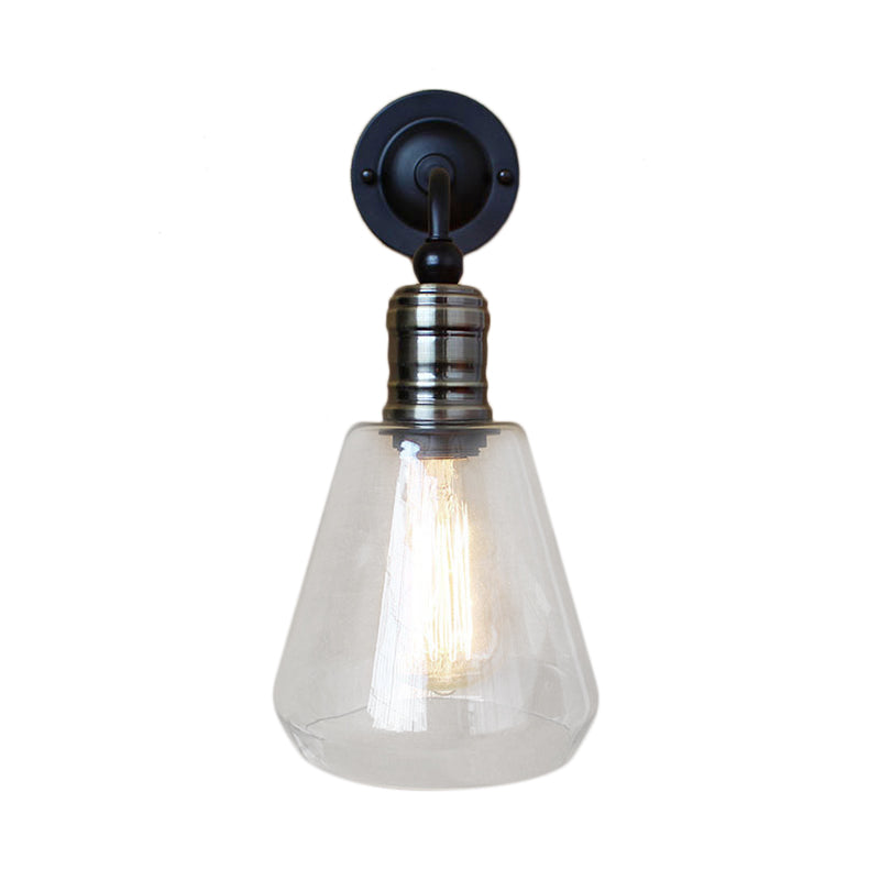 Rustic Style Tapered Shade Wall Lighting Fixture Single Bulb Clear Glass Sconce Light in Black for Kitchen Clearhalo 'Cast Iron' 'Glass' 'Industrial wall lights' 'Industrial' 'Middle century wall lights' 'Modern' 'Tiffany' 'Traditional wall lights' 'Wall Lamps & Sconces' 'Wall Lights' Lighting' 142880