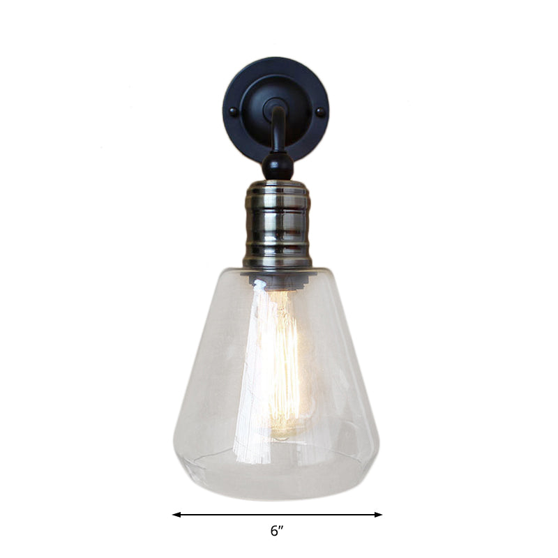 Rustic Style Tapered Shade Wall Lighting Fixture Single Bulb Clear Glass Sconce Light in Black for Kitchen Clearhalo 'Cast Iron' 'Glass' 'Industrial wall lights' 'Industrial' 'Middle century wall lights' 'Modern' 'Tiffany' 'Traditional wall lights' 'Wall Lamps & Sconces' 'Wall Lights' Lighting' 142881