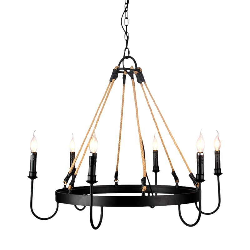 Vintage Candle Chandelier Lamp with Open Bulb 6 Heads Metal and Rope Ceiling Pendant Lamp in Black/Rust for Restaurant Clearhalo 'Cast Iron' 'Ceiling Lights' 'Chandeliers' 'Industrial Chandeliers' 'Industrial' 'Metal' 'Middle Century Chandeliers' 'Rustic Chandeliers' 'Tiffany' Lighting' 1429400