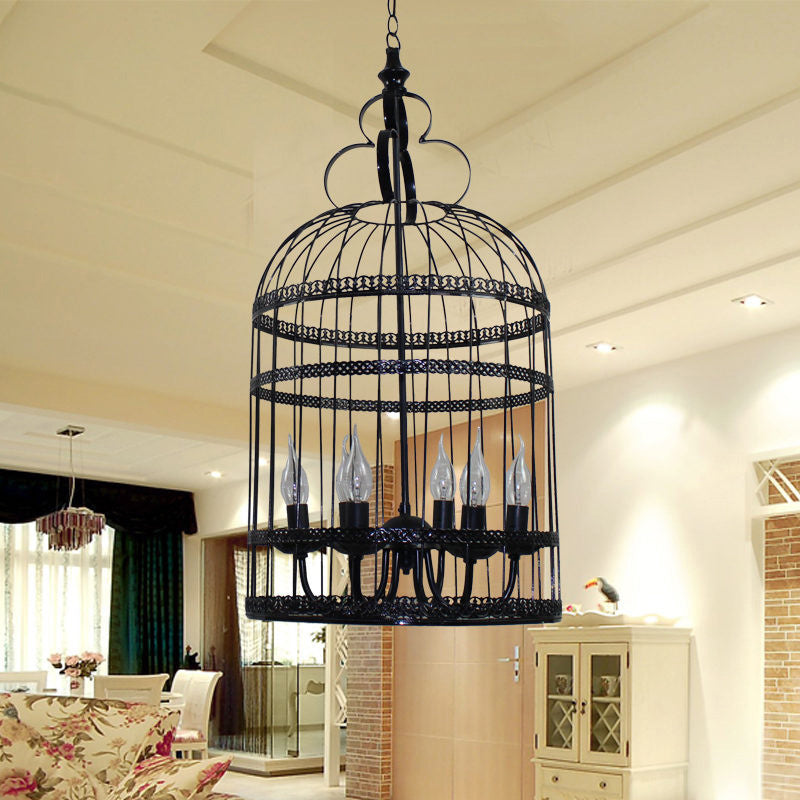 3/6 Bulbs Bird Cage Hanging Light with Candle Creative Industrial Style Black Metallic Chandelier Lamp for Bedroom Clearhalo 'Cast Iron' 'Ceiling Lights' 'Chandeliers' 'Industrial Chandeliers' 'Industrial' 'Metal' 'Middle Century Chandeliers' 'Rustic Chandeliers' 'Tiffany' Lighting' 1429456