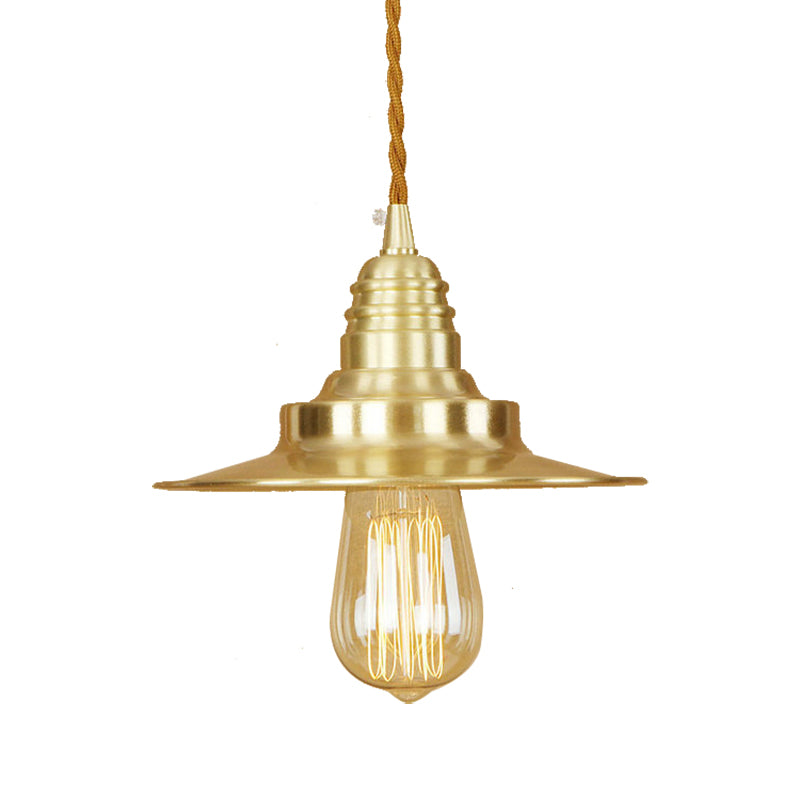 Metal Brass Finish Hanging Pendant Light Flat Shade 1 Light Retro Style Ceiling Light Fixture over Table Clearhalo 'Art Deco Pendants' 'Cast Iron' 'Ceiling Lights' 'Ceramic' 'Crystal' 'Industrial Pendants' 'Industrial' 'Metal' 'Middle Century Pendants' 'Pendant Lights' 'Pendants' 'Tiffany' Lighting' 143002