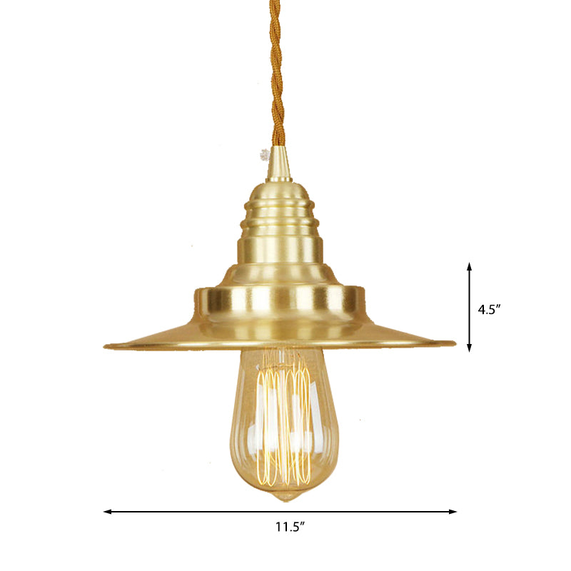 Metal Brass Finish Hanging Pendant Light Flat Shade 1 Light Retro Style Ceiling Light Fixture over Table Clearhalo 'Art Deco Pendants' 'Cast Iron' 'Ceiling Lights' 'Ceramic' 'Crystal' 'Industrial Pendants' 'Industrial' 'Metal' 'Middle Century Pendants' 'Pendant Lights' 'Pendants' 'Tiffany' Lighting' 143003