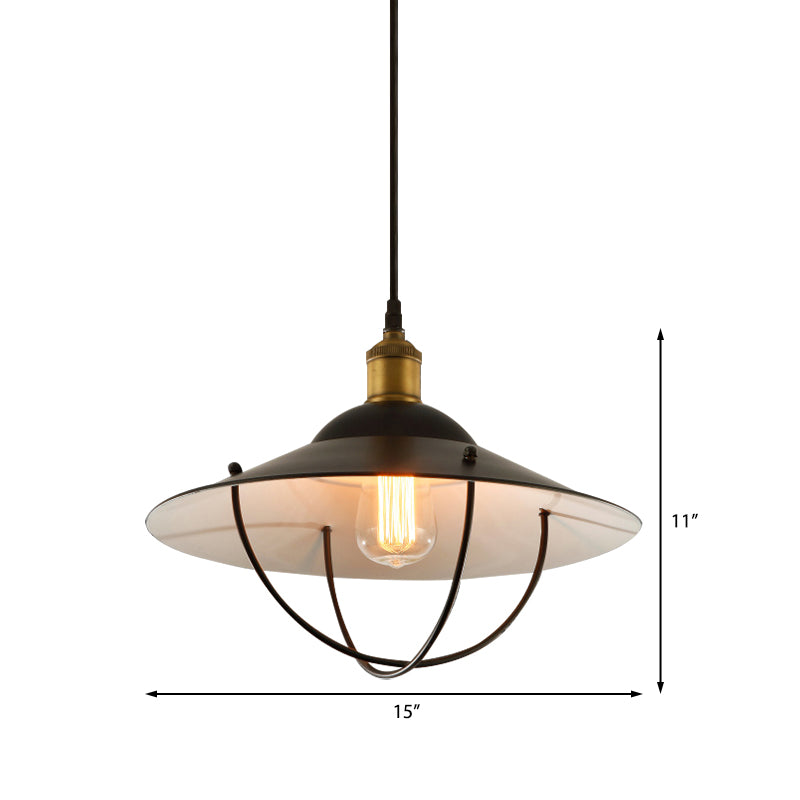 Saucer Shade Indoor Pendant Light Fixture Metal 1 Light Black Finish Hanging Ceiling Light with Wire Guard Clearhalo 'Art Deco Pendants' 'Black' 'Cast Iron' 'Ceiling Lights' 'Ceramic' 'Crystal' 'Industrial Pendants' 'Industrial' 'Metal' 'Middle Century Pendants' 'Pendant Lights' 'Pendants' 'Rustic Pendants' 'Tiffany' Lighting' 143083