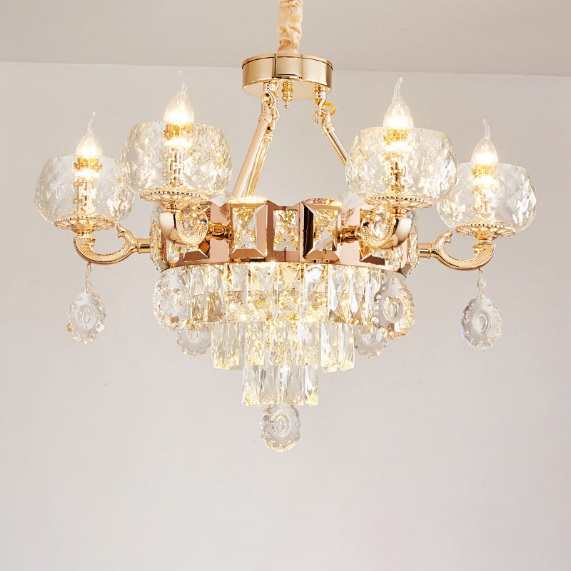 6/8 Bulbs Bowl Shade Drop Pendant Contemporary Clear Crystal Chandelier Lamp in Gold with Candle Design Clearhalo 'Ceiling Lights' 'Chandeliers' 'Clear' 'Industrial' 'Modern Chandeliers' 'Modern' 'Tiffany' 'Traditional Chandeliers' Lighting' 1430920
