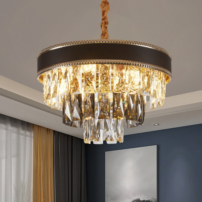 Tapered Suspension Pendant Light Modern Crystal Rectangle 6/9 Bulbs 14"/21.5" Wide Black Hanging Chandelier Clearhalo 'Ceiling Lights' 'Chandeliers' 'Clear' 'Industrial' 'Modern Chandeliers' 'Modern' 'Tiffany' 'Traditional Chandeliers' Lighting' 1430937