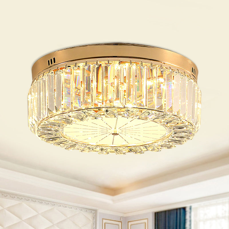 16"/19.5" Wide Drum LED Flushmount Modern Clear Prismatic Optical Crystal Living Room Close to Ceiling Lighting in Gold Clear 19.5" Clearhalo 'Ceiling Lights' 'Close To Ceiling Lights' 'Close to ceiling' 'Flush mount' Lighting' 1430964