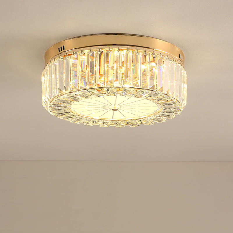 16"/19.5" Wide Drum LED Flushmount Modern Clear Prismatic Optical Crystal Living Room Close to Ceiling Lighting in Gold Clear 16" Clearhalo 'Ceiling Lights' 'Close To Ceiling Lights' 'Close to ceiling' 'Flush mount' Lighting' 1430965