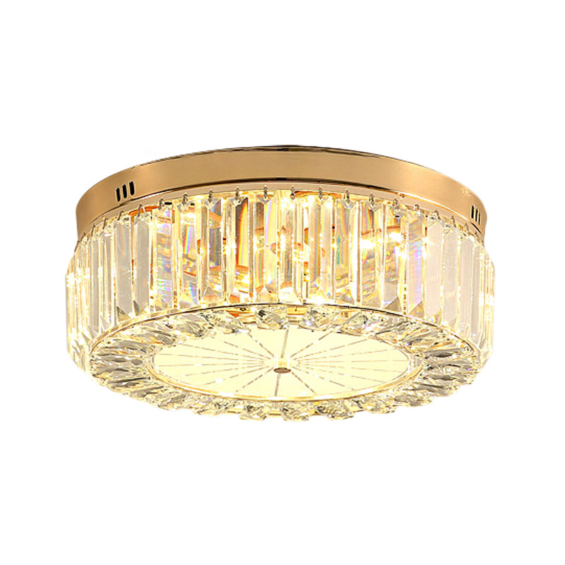 16"/19.5" Wide Drum LED Flushmount Modern Clear Prismatic Optical Crystal Living Room Close to Ceiling Lighting in Gold Clearhalo 'Ceiling Lights' 'Close To Ceiling Lights' 'Close to ceiling' 'Flush mount' Lighting' 1430966