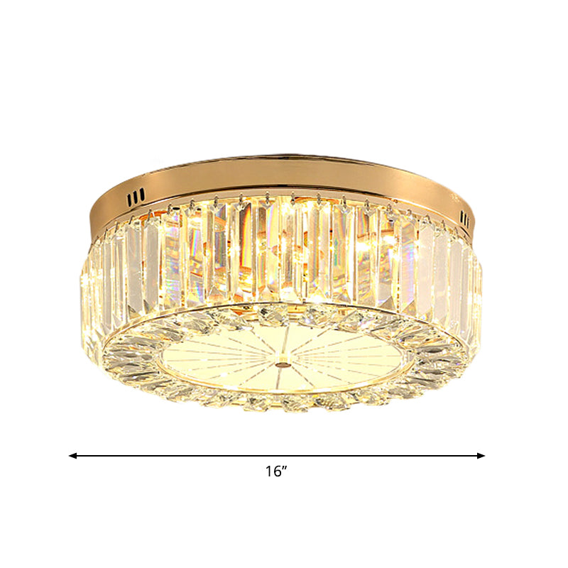 16"/19.5" Wide Drum LED Flushmount Modern Clear Prismatic Optical Crystal Living Room Close to Ceiling Lighting in Gold Clearhalo 'Ceiling Lights' 'Close To Ceiling Lights' 'Close to ceiling' 'Flush mount' Lighting' 1430967