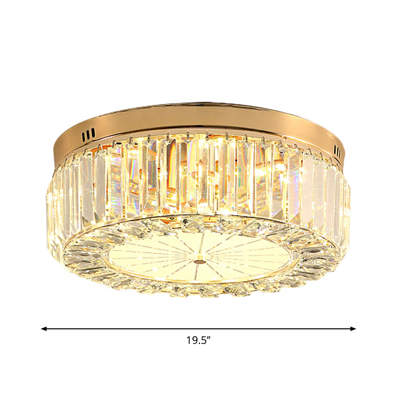 16"/19.5" Wide Drum LED Flushmount Modern Clear Prismatic Optical Crystal Living Room Close to Ceiling Lighting in Gold Clearhalo 'Ceiling Lights' 'Close To Ceiling Lights' 'Close to ceiling' 'Flush mount' Lighting' 1430968