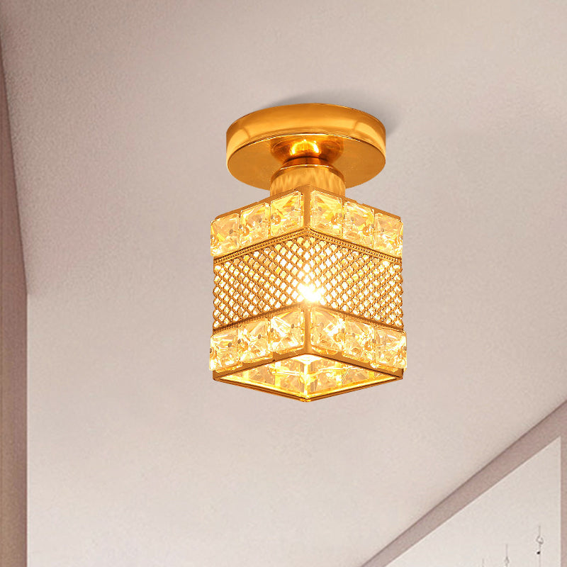 1 Head Balcony Semi Mount Lighting Modern Gold Close to Ceiling Lighting with Globe/Square/Lantern Clear Crystal Shade Clear A Clearhalo 'Ceiling Lights' 'Close To Ceiling Lights' 'Close to ceiling' 'Semi-flushmount' Lighting' 1431000