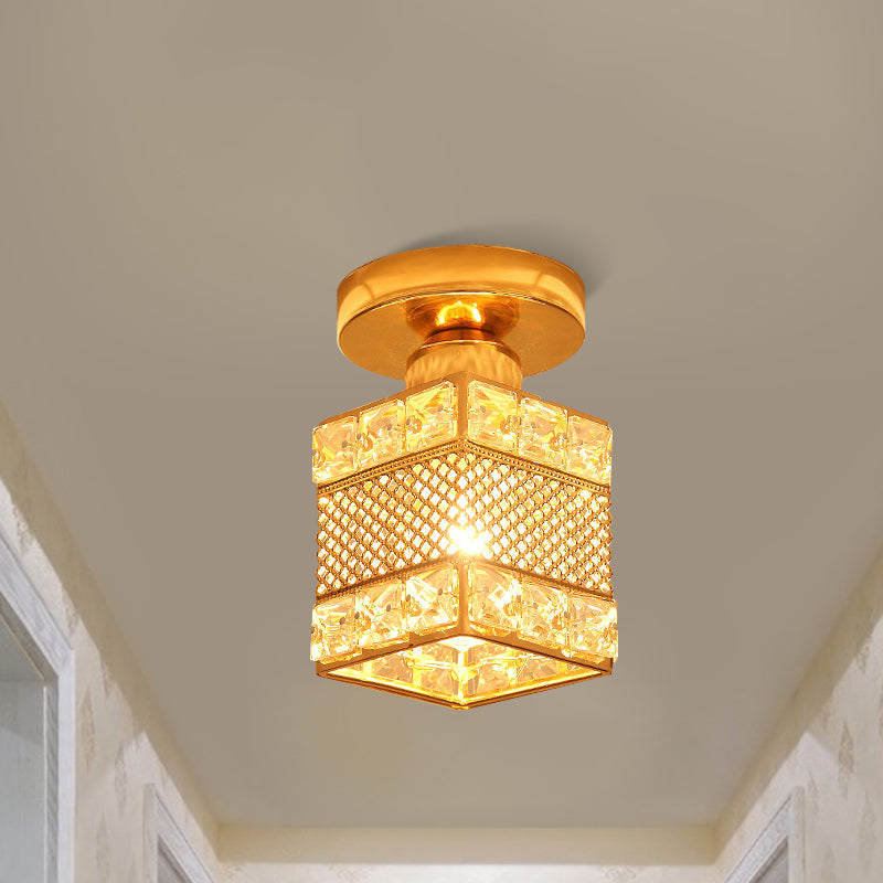 1 Head Balcony Semi Mount Lighting Modern Gold Close to Ceiling Lighting with Globe/Square/Lantern Clear Crystal Shade Clearhalo 'Ceiling Lights' 'Close To Ceiling Lights' 'Close to ceiling' 'Semi-flushmount' Lighting' 1431001