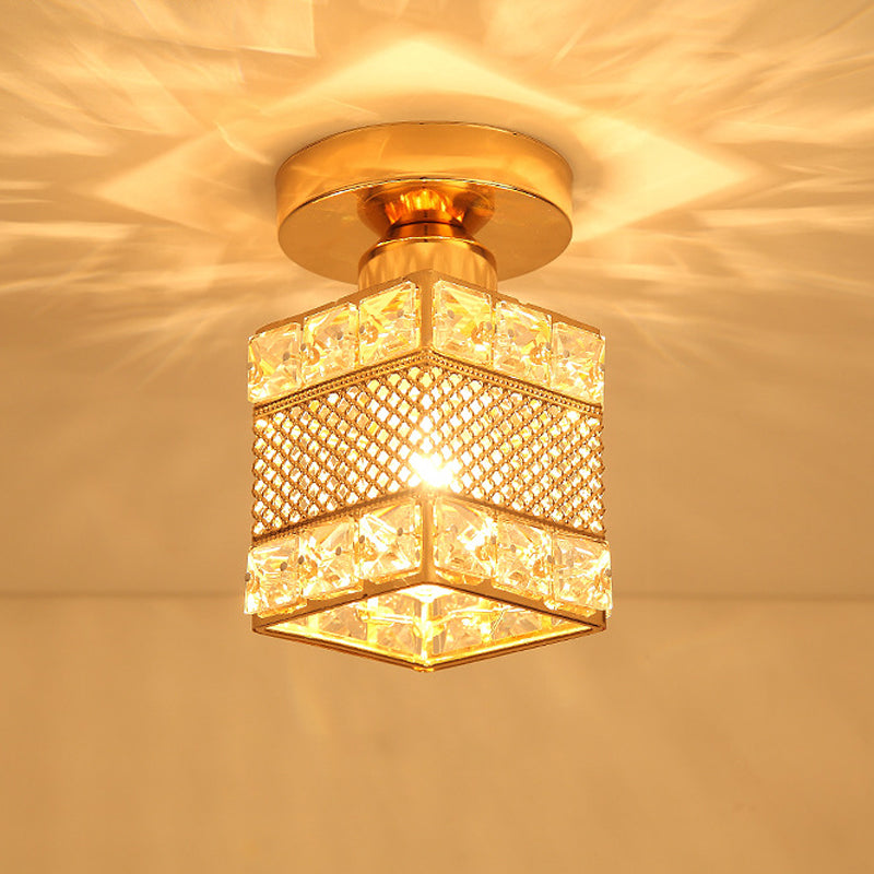 1 Head Balcony Semi Mount Lighting Modern Gold Close to Ceiling Lighting with Globe/Square/Lantern Clear Crystal Shade Clearhalo 'Ceiling Lights' 'Close To Ceiling Lights' 'Close to ceiling' 'Semi-flushmount' Lighting' 1431002