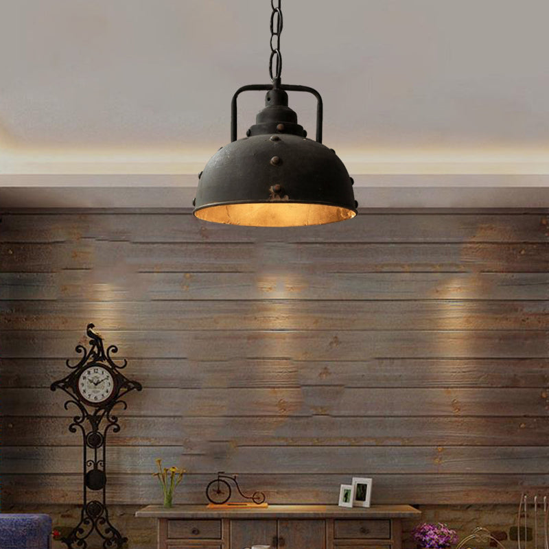 1 Light Dome Suspension Light Country Rustic Style Antique Black Wrought Iron Hanging Pendant Light Clearhalo 'Art Deco Pendants' 'Black' 'Cast Iron' 'Ceiling Lights' 'Ceramic' 'Crystal' 'Industrial Pendants' 'Industrial' 'Metal' 'Middle Century Pendants' 'Pendant Lights' 'Pendants' 'Rustic Pendants' 'Tiffany' Lighting' 143103