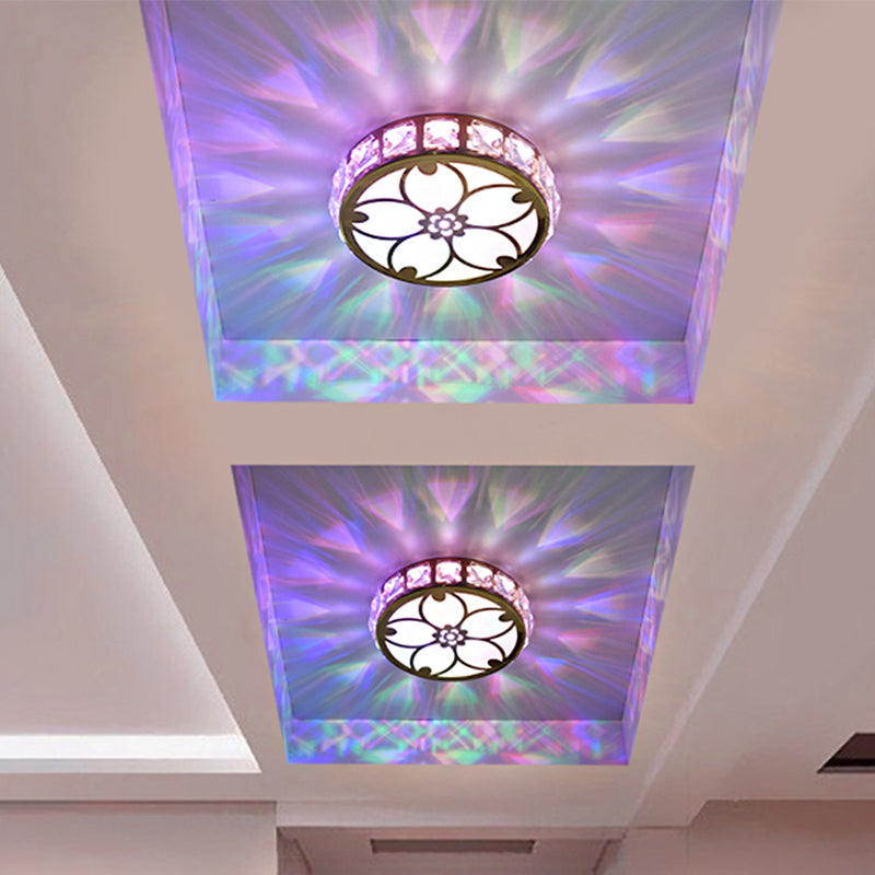 Circle Flush Mount Fixture Contemporary Clear Crystal Block LED Gold Ceiling Lamp for Corridor, Warm/White/Multi Color Light Clear Multi Color B Clearhalo 'Ceiling Lights' 'Close To Ceiling Lights' 'Close to ceiling' 'Flush mount' Lighting' 1431030