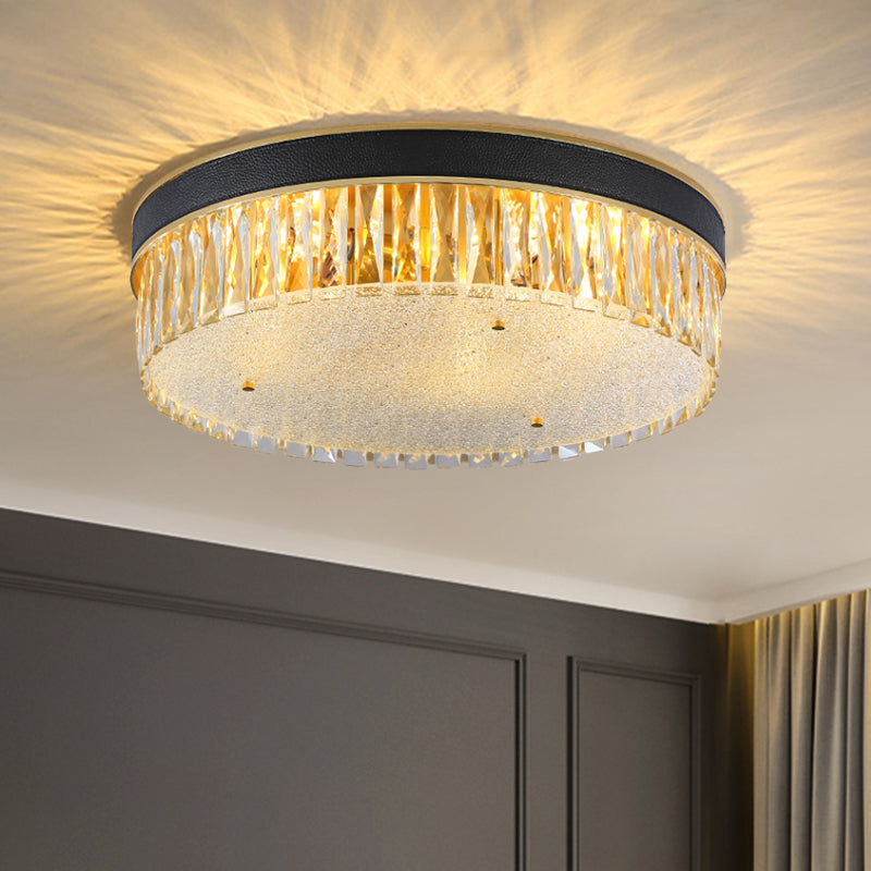 Rectangle-Cut Crystal Drum Flush Light Contemporary 3/4 Heads Gold Ceiling Flush Mount, 12"/16" Wide Gold Clearhalo 'Ceiling Lights' 'Close To Ceiling Lights' 'Close to ceiling' 'Flush mount' Lighting' 1431037