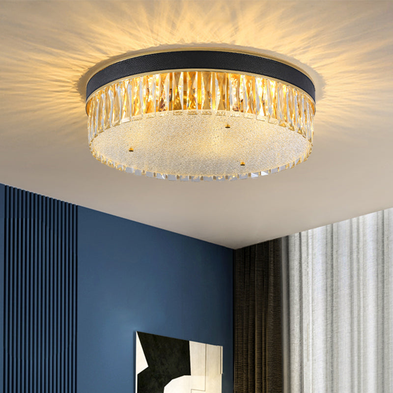 Rectangle-Cut Crystal Drum Flush Light Contemporary 3/4 Heads Gold Ceiling Flush Mount, 12"/16" Wide Clearhalo 'Ceiling Lights' 'Close To Ceiling Lights' 'Close to ceiling' 'Flush mount' Lighting' 1431038