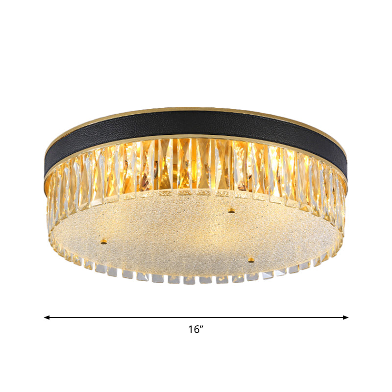 Rectangle-Cut Crystal Drum Flush Light Contemporary 3/4 Heads Gold Ceiling Flush Mount, 12"/16" Wide Clearhalo 'Ceiling Lights' 'Close To Ceiling Lights' 'Close to ceiling' 'Flush mount' Lighting' 1431041