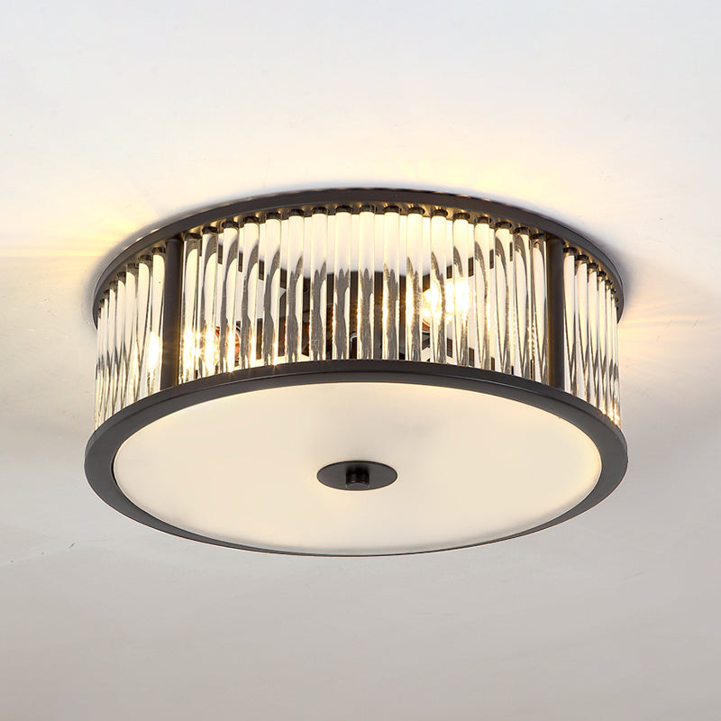 12"/16" Wide Modern 3/4 Bulbs Flush Mount with Clear Crystal Shade Black/Gold Drum Close to Ceiling Lighting Clearhalo 'Ceiling Lights' 'Close To Ceiling Lights' 'Close to ceiling' 'Flush mount' Lighting' 1431044