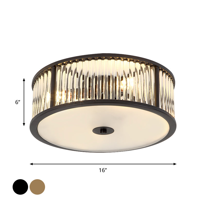 12"/16" Wide Modern 3/4 Bulbs Flush Mount with Clear Crystal Shade Black/Gold Drum Close to Ceiling Lighting Clearhalo 'Ceiling Lights' 'Close To Ceiling Lights' 'Close to ceiling' 'Flush mount' Lighting' 1431046