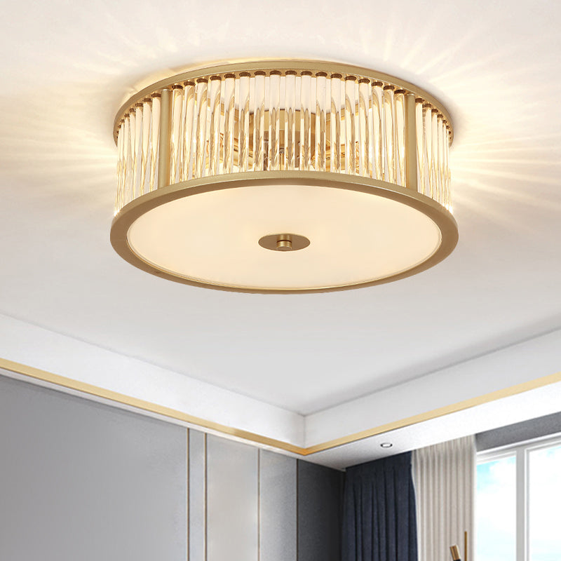 12"/16" Wide Modern 3/4 Bulbs Flush Mount with Clear Crystal Shade Black/Gold Drum Close to Ceiling Lighting Gold Clearhalo 'Ceiling Lights' 'Close To Ceiling Lights' 'Close to ceiling' 'Flush mount' Lighting' 1431047