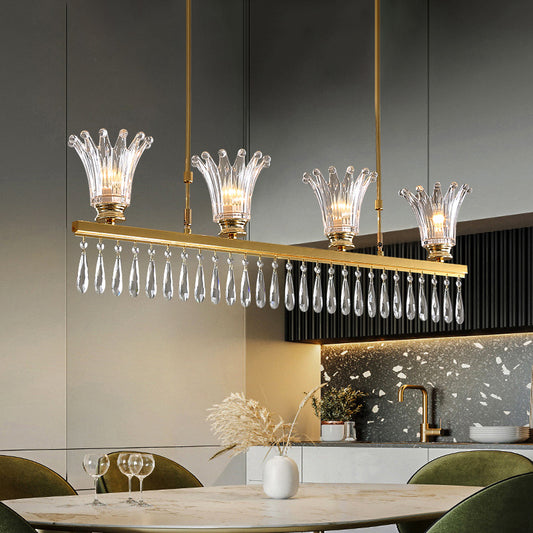 Contemporary Flared Island Light Fixture Clear Crystal Glass 4 Bulbs Suspension Lamp in Gold with Droplets Gold Clearhalo 'Ceiling Lights' 'Island Lights' Lighting' 1431051