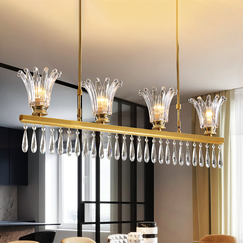 Contemporary Flared Island Light Fixture Clear Crystal Glass 4 Bulbs Suspension Lamp in Gold with Droplets Clearhalo 'Ceiling Lights' 'Island Lights' Lighting' 1431052
