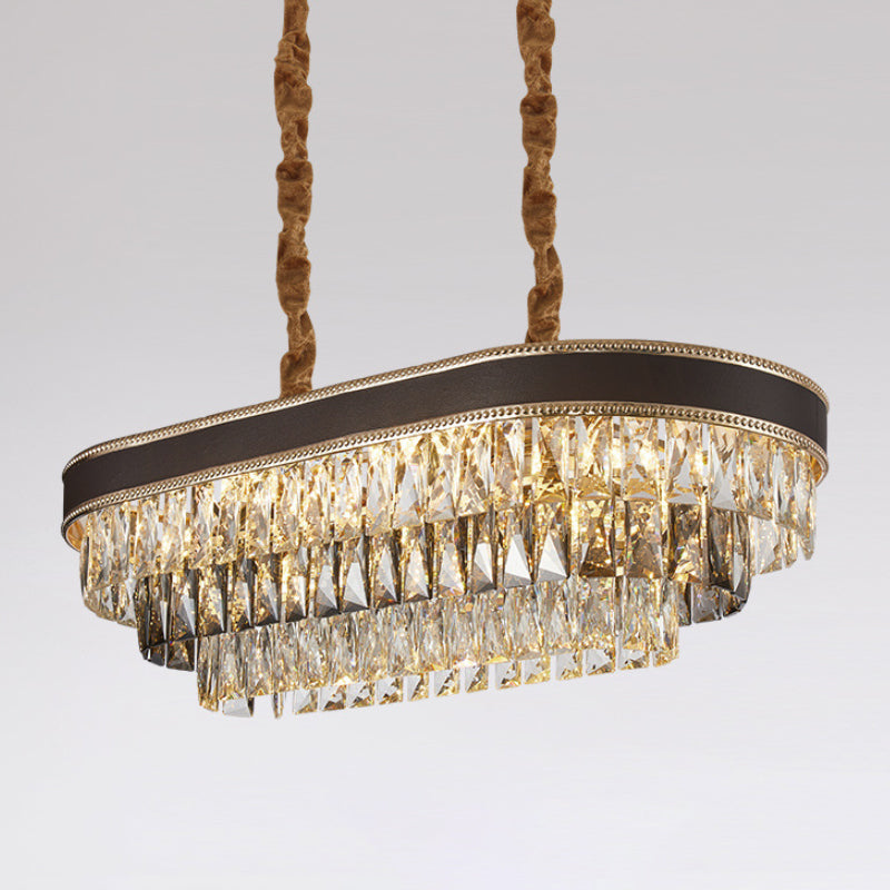 10 Lights Ellipse Island Pendant Contemporary Clear Crystal Rectangle Down Lighting in Black Clearhalo 'Ceiling Lights' 'Island Lights' Lighting' 1431057