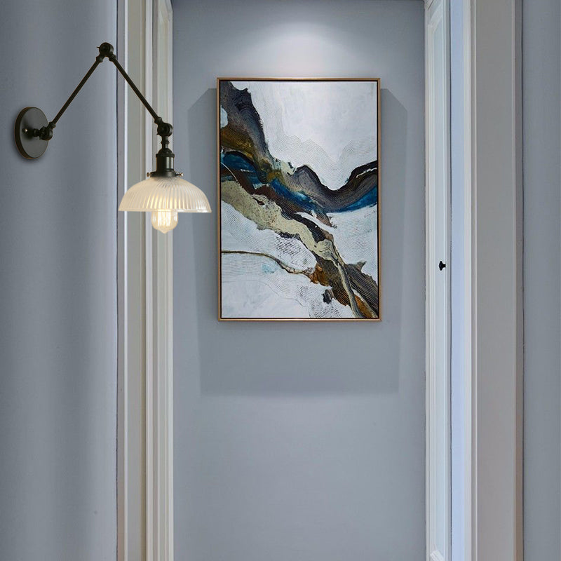 1 Light Ribbed Glass Wall Sconce Light Industrial Antique Brass/Black/Rust Dome Living Room Lighting Fixture with Swing Arm Black Clearhalo 'Cast Iron' 'Glass' 'Industrial wall lights' 'Industrial' 'Middle century wall lights' 'Modern' 'Tiffany' 'Traditional wall lights' 'Wall Lamps & Sconces' 'Wall Lights' Lighting' 143106