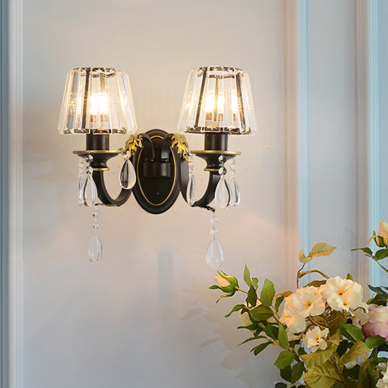 Contemporary 1/2-Head Wall Lamp with Crystal Prisms Shade Black Conical Wall Light Fixture 2.0 Black Clearhalo 'Wall Lamps & Sconces' 'Wall Lights' Lighting' 1431099