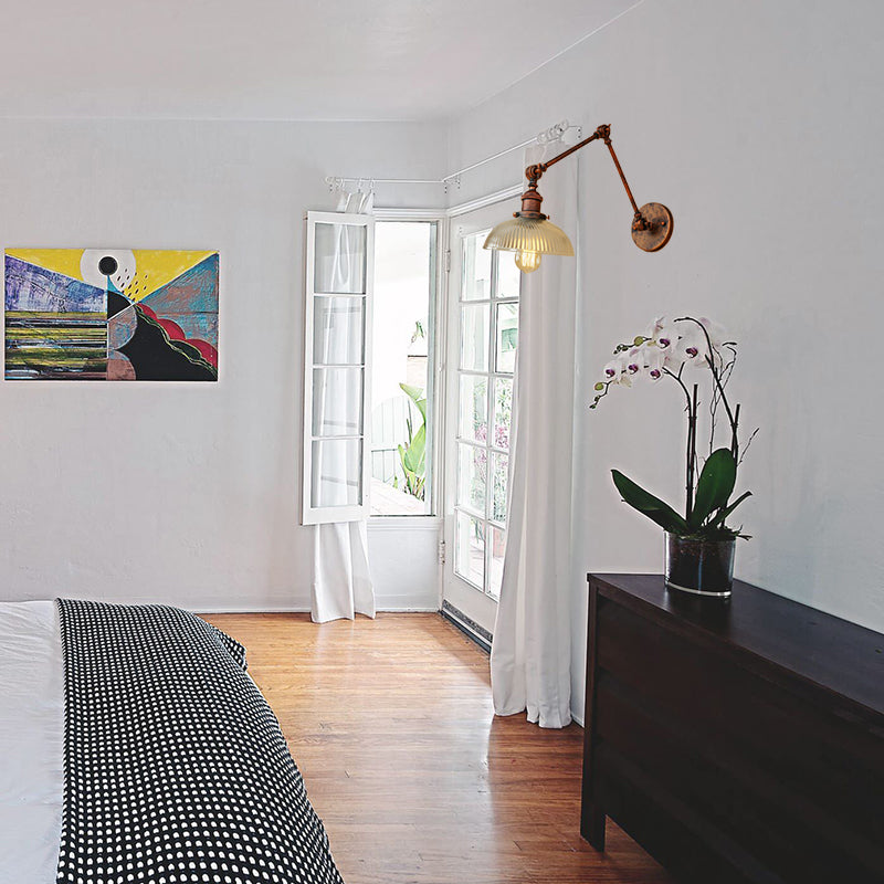 1 Light Ribbed Glass Wall Sconce Light Industrial Antique Brass/Black/Rust Dome Living Room Lighting Fixture with Swing Arm Rust Clearhalo 'Cast Iron' 'Glass' 'Industrial wall lights' 'Industrial' 'Middle century wall lights' 'Modern' 'Tiffany' 'Traditional wall lights' 'Wall Lamps & Sconces' 'Wall Lights' Lighting' 143110