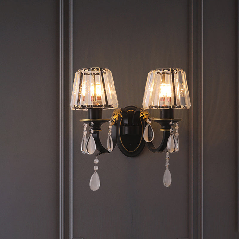 Contemporary 1/2-Head Wall Lamp with Crystal Prisms Shade Black Conical Wall Light Fixture Clearhalo 'Wall Lamps & Sconces' 'Wall Lights' Lighting' 1431105