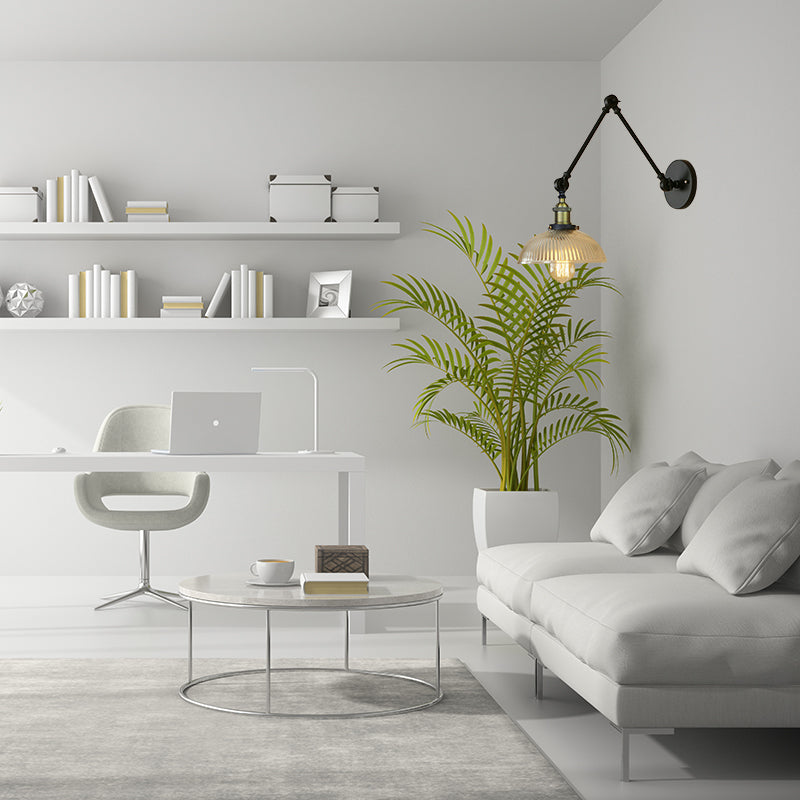 1 Light Ribbed Glass Wall Sconce Light Industrial Antique Brass/Black/Rust Dome Living Room Lighting Fixture with Swing Arm Antique Brass Clearhalo 'Cast Iron' 'Glass' 'Industrial wall lights' 'Industrial' 'Middle century wall lights' 'Modern' 'Tiffany' 'Traditional wall lights' 'Wall Lamps & Sconces' 'Wall Lights' Lighting' 143112