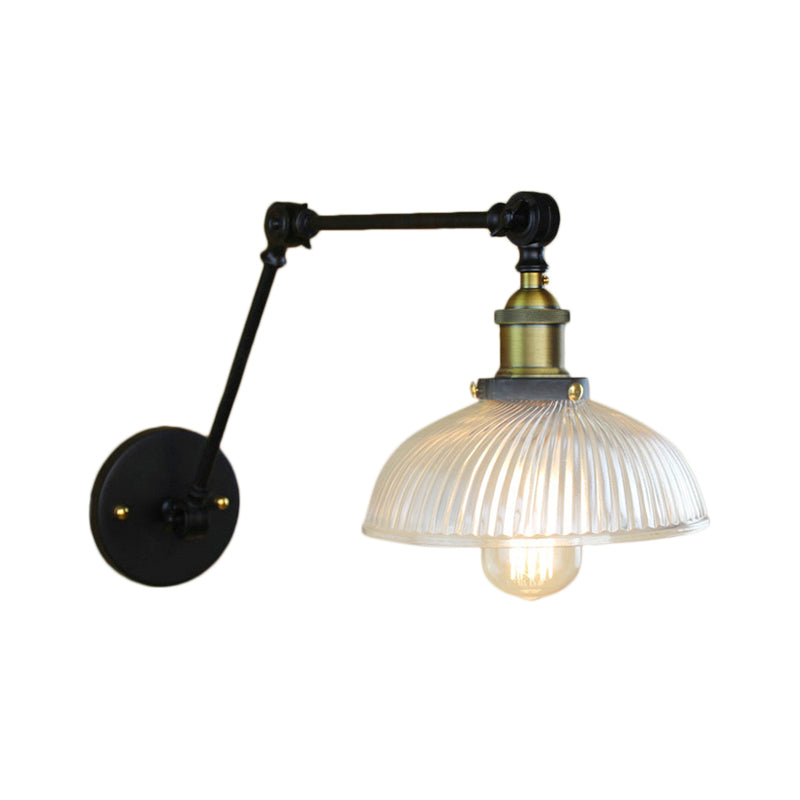 1 Light Ribbed Glass Wall Sconce Light Industrial Antique Brass/Black/Rust Dome Living Room Lighting Fixture with Swing Arm Clearhalo 'Cast Iron' 'Glass' 'Industrial wall lights' 'Industrial' 'Middle century wall lights' 'Modern' 'Tiffany' 'Traditional wall lights' 'Wall Lamps & Sconces' 'Wall Lights' Lighting' 143113