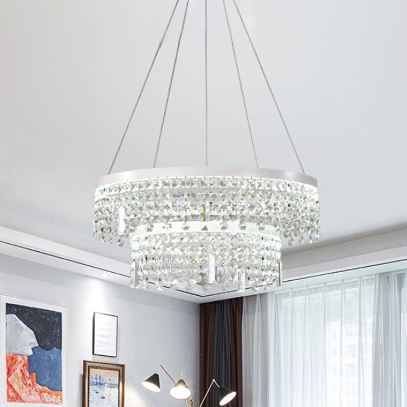 Ring/Dual-Tiered Chandelier Lamp Contemporary Faceted Crystal LED Silver Suspension Lighting in Warm/White Light Clear White B Clearhalo 'Ceiling Lights' 'Chandeliers' 'Clear' 'Industrial' 'Modern Chandeliers' 'Modern' 'Tiffany' 'Traditional Chandeliers' Lighting' 1431134