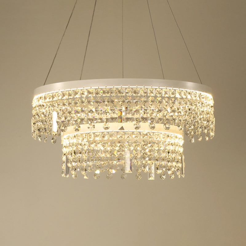 Ring/Dual-Tiered Chandelier Lamp Contemporary Faceted Crystal LED Silver Suspension Lighting in Warm/White Light Clear Warm B Clearhalo 'Ceiling Lights' 'Chandeliers' 'Clear' 'Industrial' 'Modern Chandeliers' 'Modern' 'Tiffany' 'Traditional Chandeliers' Lighting' 1431136