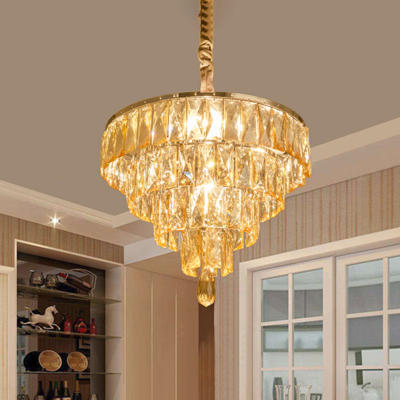 Modern Style Tapered Suspension Lamp Clear Rectangle-Cut Crystal 4 Heads Nickel Chandelier Lighting Clear Clearhalo 'Ceiling Lights' 'Chandeliers' 'Clear' 'Industrial' 'Modern Chandeliers' 'Modern' 'Tiffany' 'Traditional Chandeliers' Lighting' 1431143