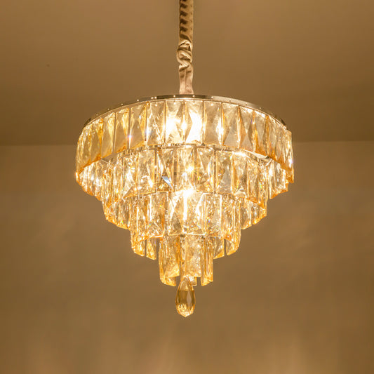Modern Style Tapered Suspension Lamp Clear Rectangle-Cut Crystal 4 Heads Nickel Chandelier Lighting Clearhalo 'Ceiling Lights' 'Chandeliers' 'Clear' 'Industrial' 'Modern Chandeliers' 'Modern' 'Tiffany' 'Traditional Chandeliers' Lighting' 1431144