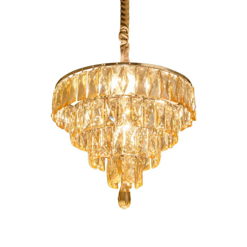 Modern Style Tapered Suspension Lamp Clear Rectangle-Cut Crystal 4 Heads Nickel Chandelier Lighting Clearhalo 'Ceiling Lights' 'Chandeliers' 'Clear' 'Industrial' 'Modern Chandeliers' 'Modern' 'Tiffany' 'Traditional Chandeliers' Lighting' 1431145