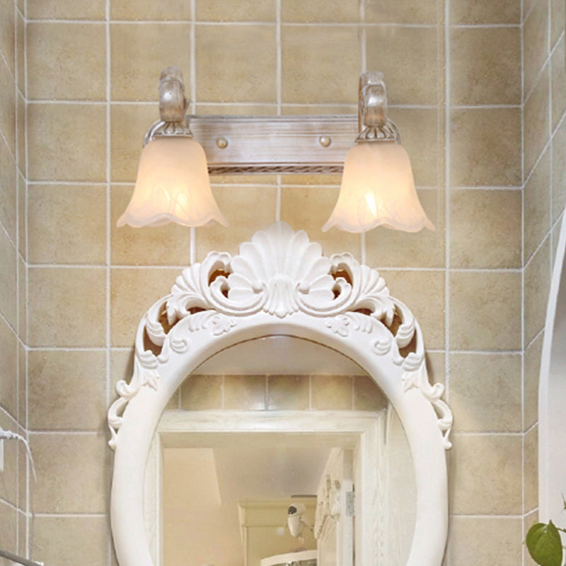 Light Brown 2/3-Head Wall Sconce Traditional Ribbed Opal Glass Blossom Vanity Fixture with Arched Arm 2.0 Light Brown Clearhalo 'Vanity Lights' 'Wall Lights' Lighting' 1431151