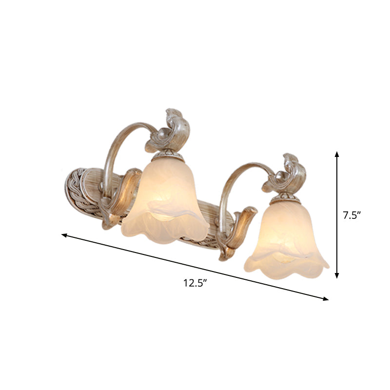 Light Brown 2/3-Head Wall Sconce Traditional Ribbed Opal Glass Blossom Vanity Fixture with Arched Arm Clearhalo 'Vanity Lights' 'Wall Lights' Lighting' 1431155