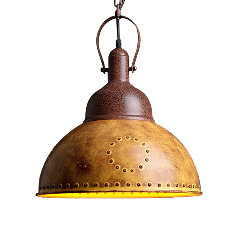 Domed Restaurant Hanging Ceiling Light Antique Style Wrought Iron 1 Light Yellow Pendant Lamp with Rivets Clearhalo 'Art Deco Pendants' 'Cast Iron' 'Ceiling Lights' 'Ceramic' 'Crystal' 'Industrial Pendants' 'Industrial' 'Metal' 'Middle Century Pendants' 'Pendant Lights' 'Pendants' 'Tiffany' Lighting' 143116