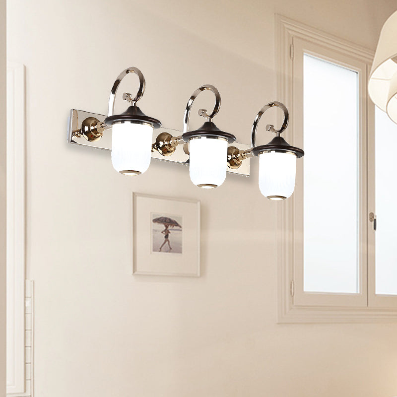 Classic Cylinder Wall Mount Lamp 2/3 Bulbs White Glass Vanity Mirror Light with Scroll Arm in Black 3.0 Black Clearhalo 'Vanity Lights' 'Wall Lights' Lighting' 1431165