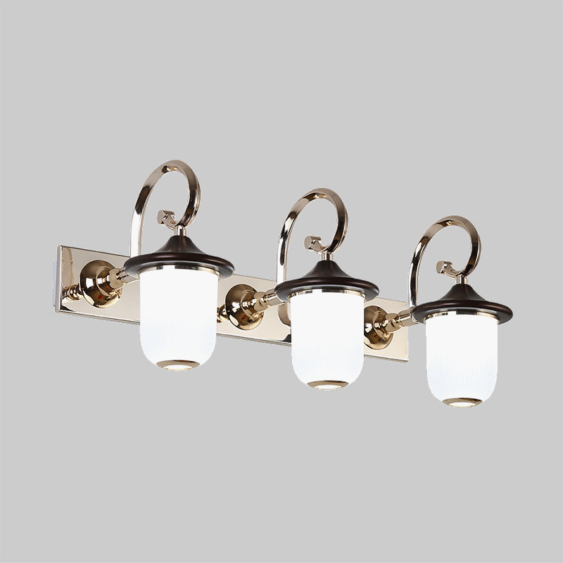 Classic Cylinder Wall Mount Lamp 2/3 Bulbs White Glass Vanity Mirror Light with Scroll Arm in Black Clearhalo 'Vanity Lights' 'Wall Lights' Lighting' 1431167