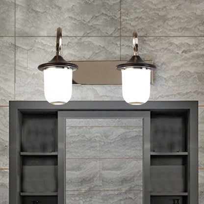 Classic Cylinder Wall Mount Lamp 2/3 Bulbs White Glass Vanity Mirror Light with Scroll Arm in Black 2.0 Black Clearhalo 'Vanity Lights' 'Wall Lights' Lighting' 1431169