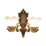 Flower Bedroom Wall Light Traditional Opal Glass 2-Head Brass Wall Mount Lighting with Curved Arm Clearhalo 'Wall Lamps & Sconces' 'Wall Lights' Lighting' 1431176