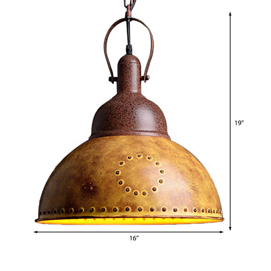 Domed Restaurant Hanging Ceiling Light Antique Style Wrought Iron 1 Light Yellow Pendant Lamp with Rivets Clearhalo 'Art Deco Pendants' 'Cast Iron' 'Ceiling Lights' 'Ceramic' 'Crystal' 'Industrial Pendants' 'Industrial' 'Metal' 'Middle Century Pendants' 'Pendant Lights' 'Pendants' 'Tiffany' Lighting' 143117