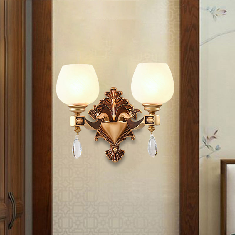 1/2-Bulb Cup-Like Wall Light Vintage Brass Milky Glass Wall Lighting Idea with Clear Crystal Decor 2.0 Brass Clearhalo 'Wall Lamps & Sconces' 'Wall Lights' Lighting' 1431186