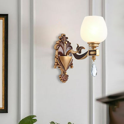 1/2-Bulb Cup-Like Wall Light Vintage Brass Milky Glass Wall Lighting Idea with Clear Crystal Decor 1.0 Brass Clearhalo 'Wall Lamps & Sconces' 'Wall Lights' Lighting' 1431190