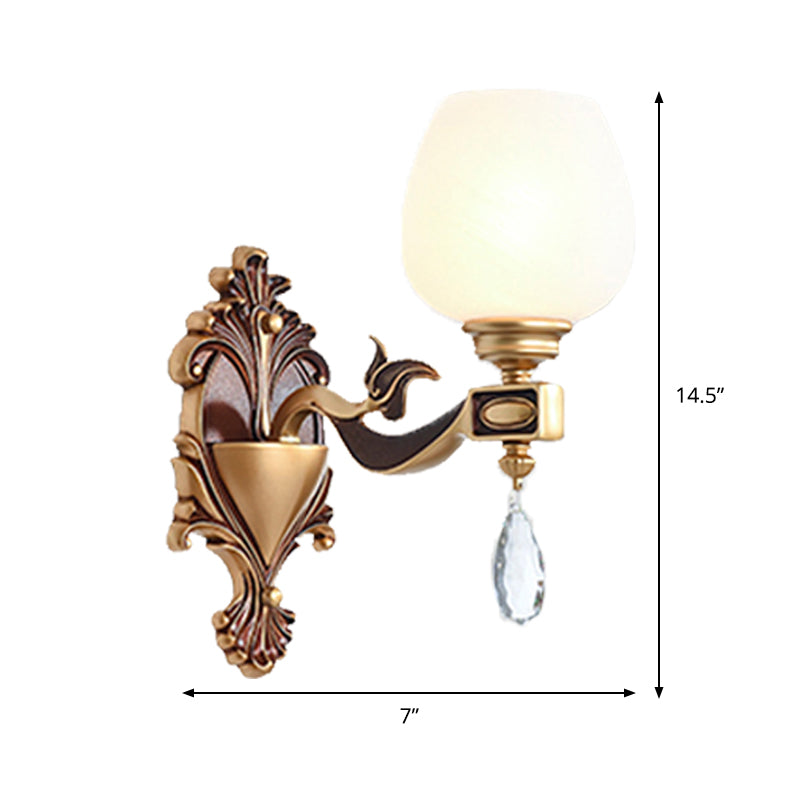 1/2-Bulb Cup-Like Wall Light Vintage Brass Milky Glass Wall Lighting Idea with Clear Crystal Decor Clearhalo 'Wall Lamps & Sconces' 'Wall Lights' Lighting' 1431194